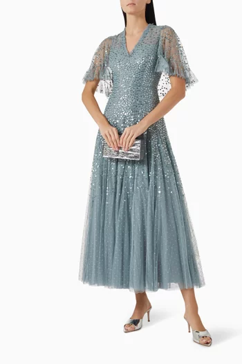 Dappled Sequin Cape Ankle Gown in Tulle