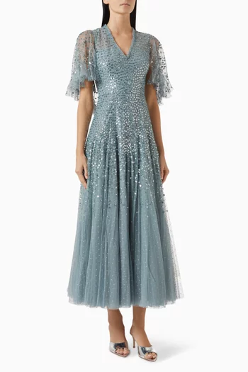 Dappled Sequin Cape Ankle Gown in Tulle