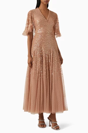 Dappled Sequin Cape Ankle Gown in Tulle