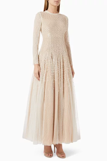 Sequin Cascade Round-neck Gown in Tulle