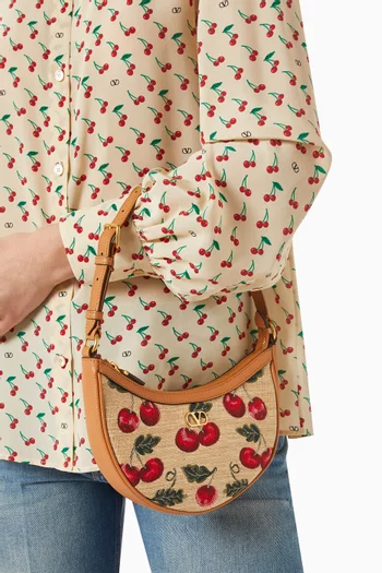 VLOGO Signature Mini Hobo Bag in Cherry-printed Raffia