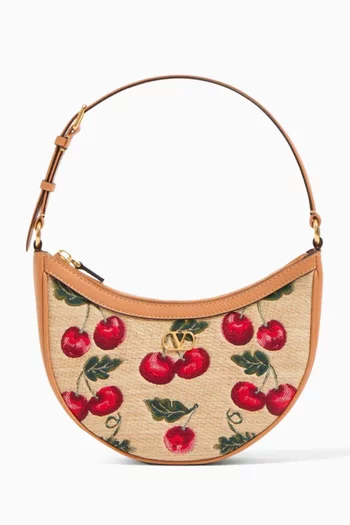 VLOGO Signature Mini Hobo Bag in Cherry-printed Raffia