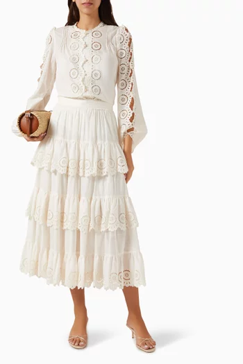 Lucky Embroidered Midi Skirt in Cotton