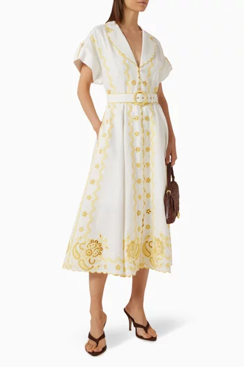 Lucky Embroidered Midi Dress in Linen