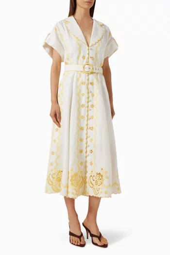 Lucky Embroidered Midi Dress in Linen