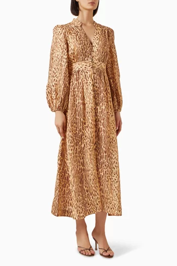 Cascadian Plunge Midi Dress in Linen