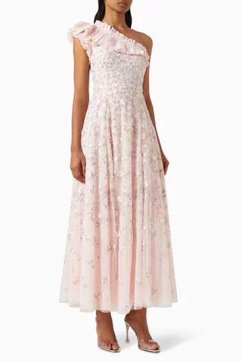 Lea Ditsy One-shoulder Ankle Gown in Tulle