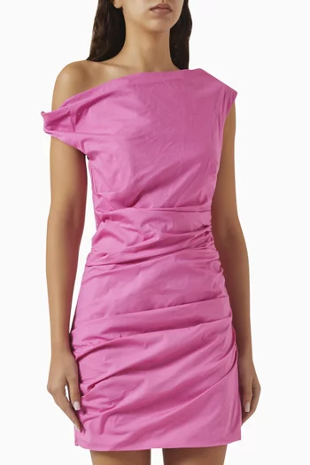 فستان قصير بأكتاف مكشوفة وكشكش بوبلين