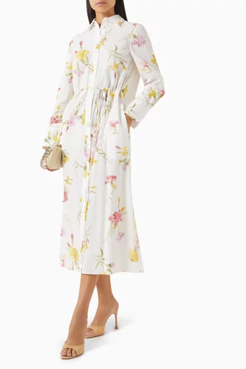 Floral-print Belted Midi Dress in Cotton-seersucker