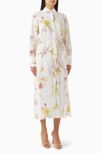 Floral-print Belted Midi Dress in Cotton-seersucker