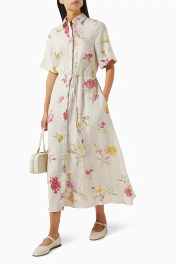 Floral-print Shirt Dress in Linen