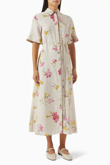 Floral-print Shirt Dress in Linen