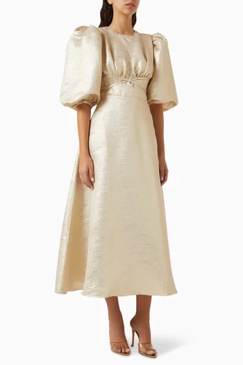 Jacquard Puffed-sleeve Midi Dress