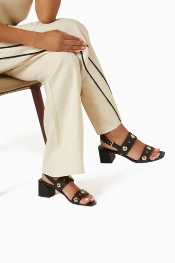 Flower Stud Block Sandals in Leather