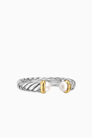 Petite Cable Pearl Open Ring in Sterling Silver & 14kt Gold