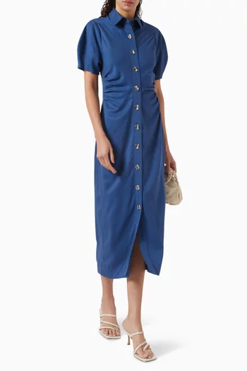 Shirred Puff-sleeve Midi Shirt Dress