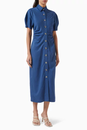 Shirred Puff-sleeve Midi Shirt Dress