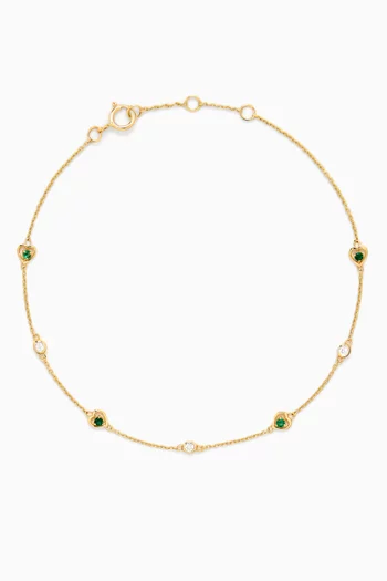 Heart Green Stone & Diamond Chain Bracelet in 18kt Gold