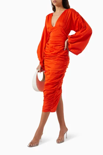 Anida Ruched Midi Dress in Cotton