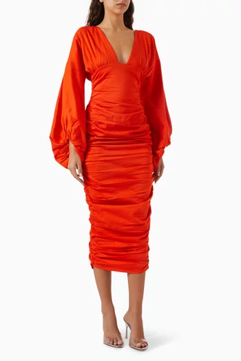 Anida Ruched Midi Dress in Cotton