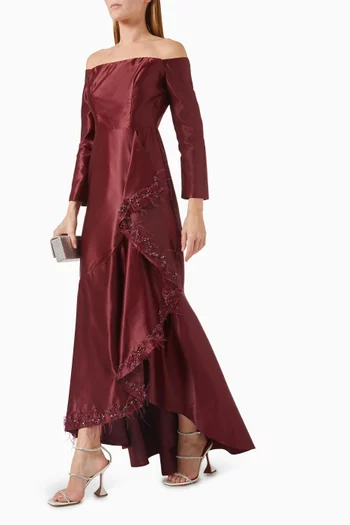Ruffle Off-shoulder Dress in Satin