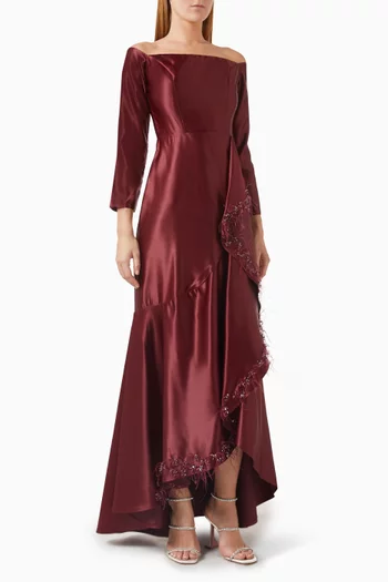 Ruffle Off-shoulder Dress in Satin