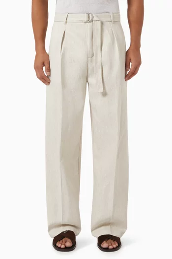 Wide-leg Belted Pants in Textured-fabric