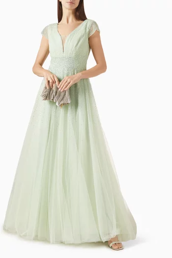 Embellished Cap Sleeve V-neck Gown in Tulle