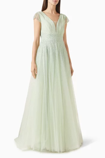 Embellished Cap Sleeve V-neck Gown in Tulle