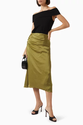 Ruched Midi Skirt in Crushed Satin