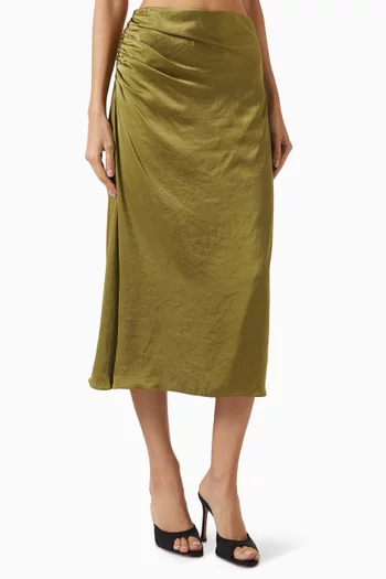 Ruched Midi Skirt in Crushed Satin