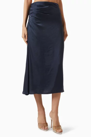 Ruched Midi Skirt in Crushed Satin