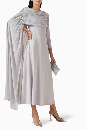 Crystal Brooch Cape Maxi Dress in Chiffon & Crepe