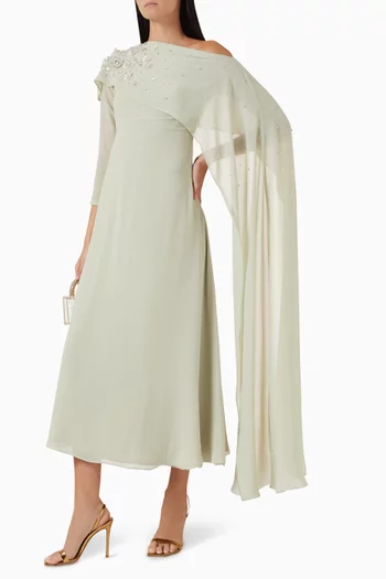 Off-shoulder Beaded Maxi Dress in Georgette Chiffon