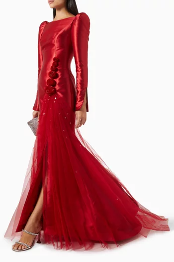 3D Floral Applique Gown in Silk