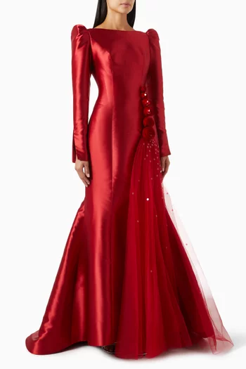 3D Floral Applique Gown in Silk