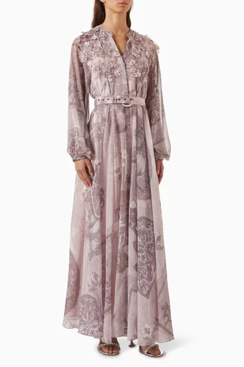 فستان استيل طويل بحزام وزهور بارزة