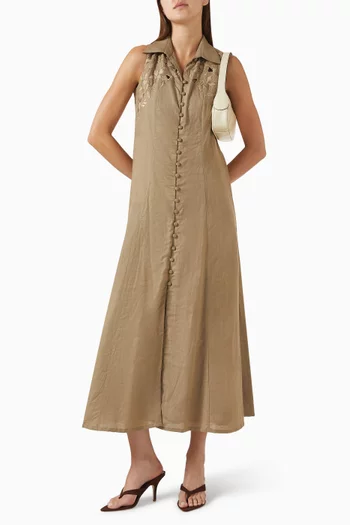 Embroidered Shirt Midi Dress in Linen