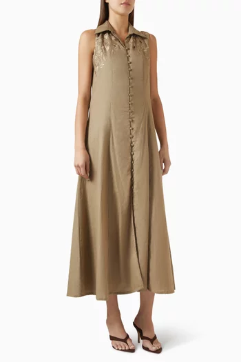 Embroidered Shirt Midi Dress in Linen