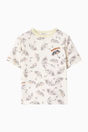 تي شيرت بنقشة مربعات ومظلات قطن