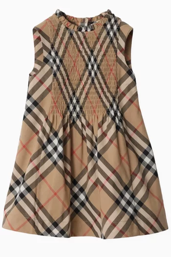 Smocked Check Midi Dress in Cotton-poplin