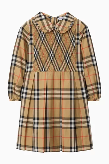 Check Smocked Dress in Cotton-poplin