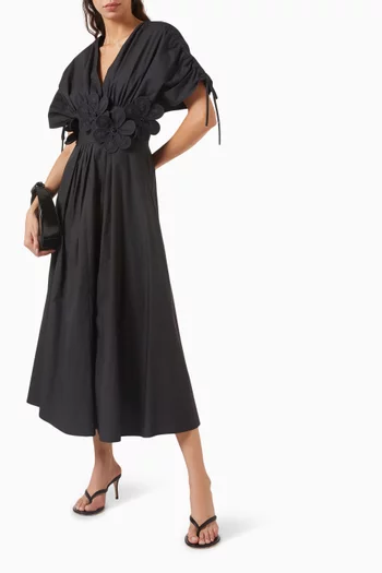 Floral Appliqué Midi Dress in Cotton