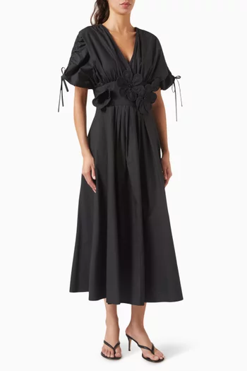Floral Appliqué Midi Dress in Cotton