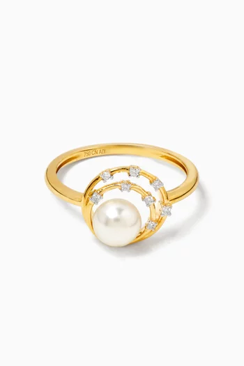 Kiku Cadeau Pearl & Diamond Ring in 18kt Yellow Gold
