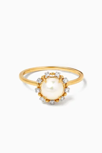 Kiku Cadeau Pearl & Diamond Ring in 18kt Yellow Gold