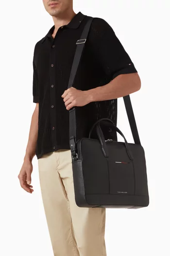 Metal Logo Laptop Bag in Grained Faux Leather
