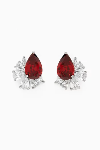CZ Pear Stud Earrings in Rhodium-plated Brass