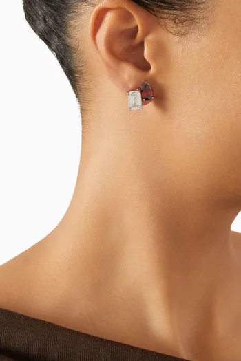 CZ Pear & Emerald Stud Earrings in Rhodium-plated Brass