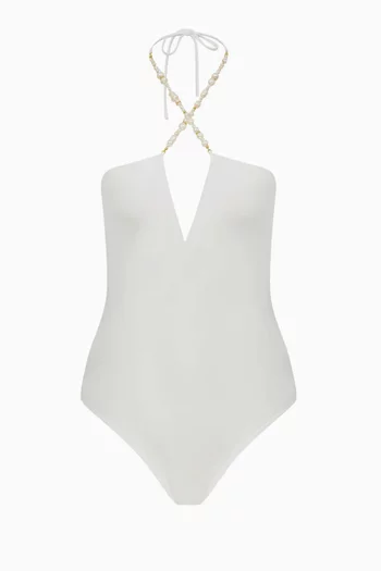 Pearl & Hematite Embellished Halterneck One-piece Swimsuit